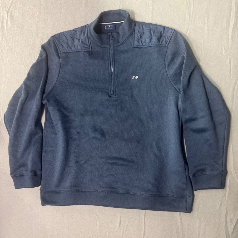 Vineyard Vines Mens Navy Blue Quilted Shoulder Quarter Zip Pullover Sweater‎ M
